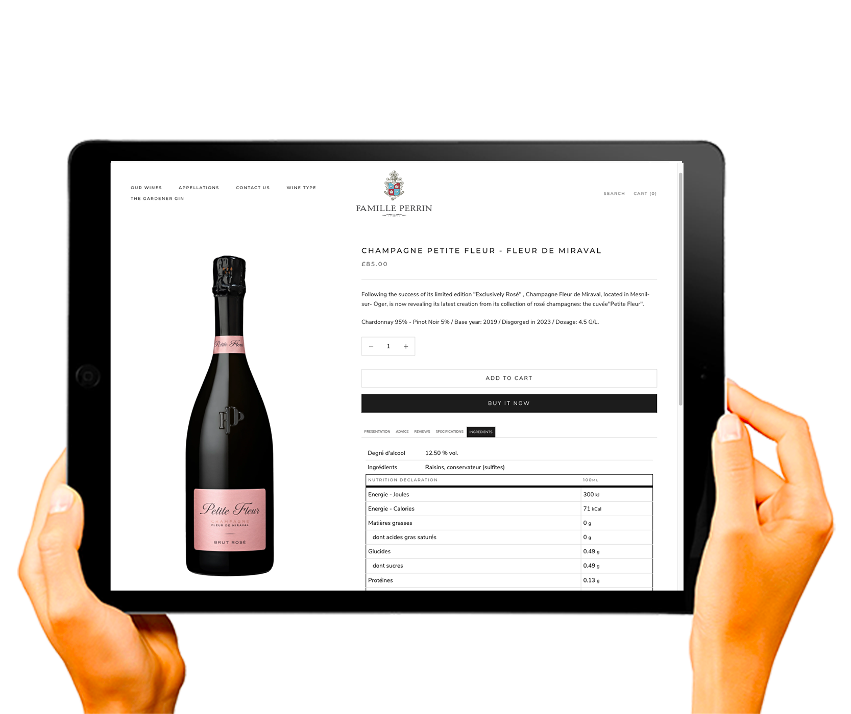 Example of the vin.co Nutri Embed Code integrated on an e-commerce site for the product Champagne Fleur de Miraval - Petite Fleur