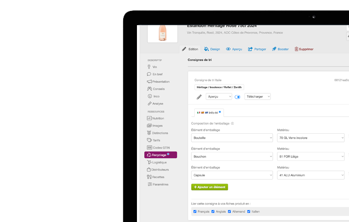 vin.co TRI app administrator interface for packaging composition