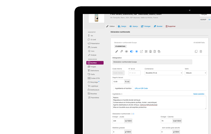 vin.co administrator interface for managing ingredient lists and the EU-compliant nutrition declaration.