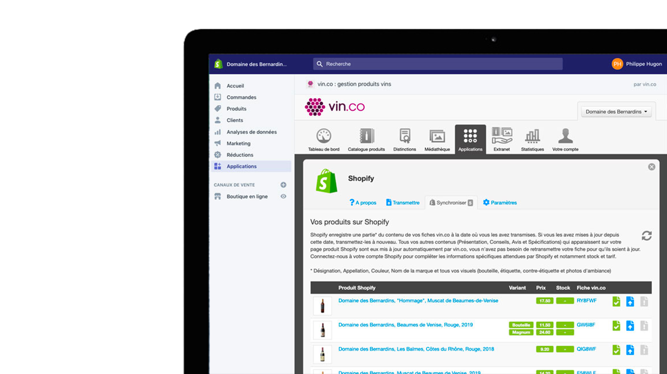 vin.co PIM Connector interface for Shopify